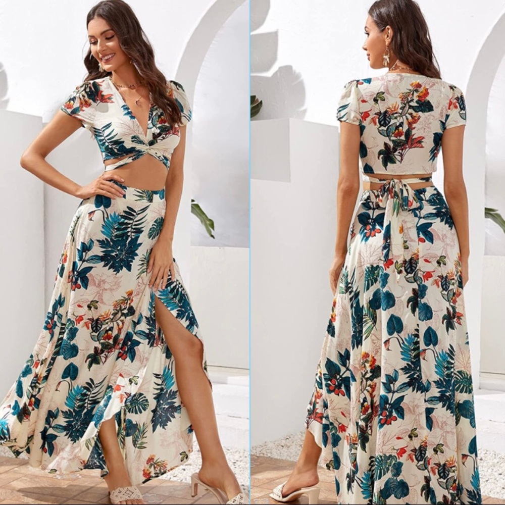 2-Piece Boho Crop Top+Skirt Set
